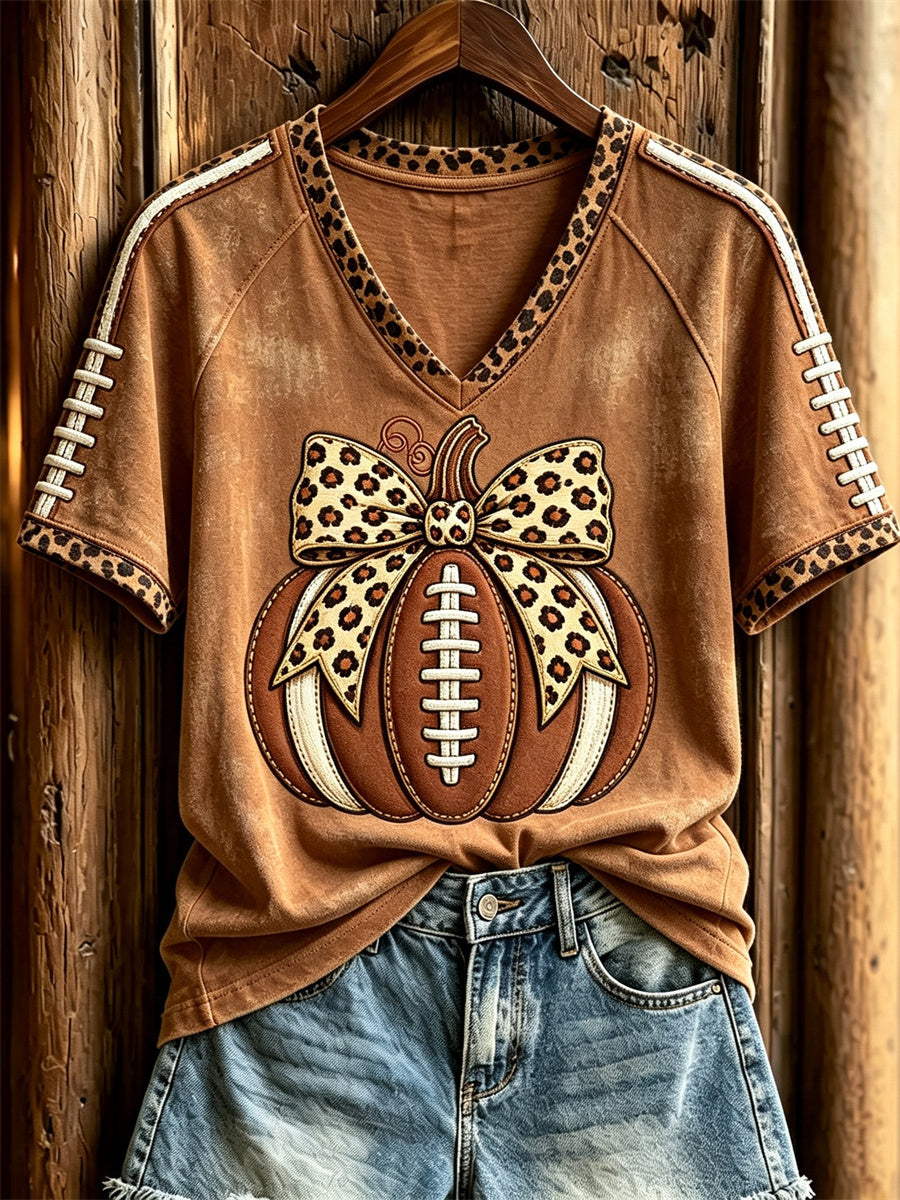 Femmes Football Inspiré Automne Citrouille Imprimé Léopard T-shirt à manches courtes