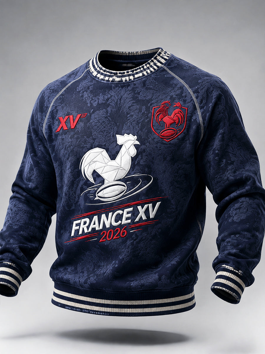 Sweat-shirt décontracté pour homme, bleu foncé, imprimé coq français d’automne