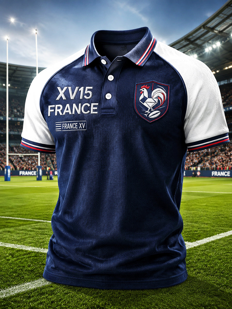 Polo décontracté pour homme en coton imprimé patchwork coq français