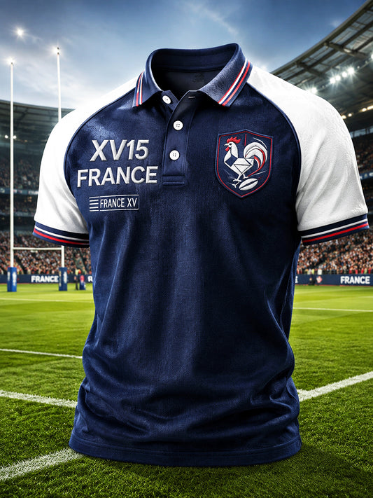 Polo décontracté pour homme en coton imprimé patchwork coq français