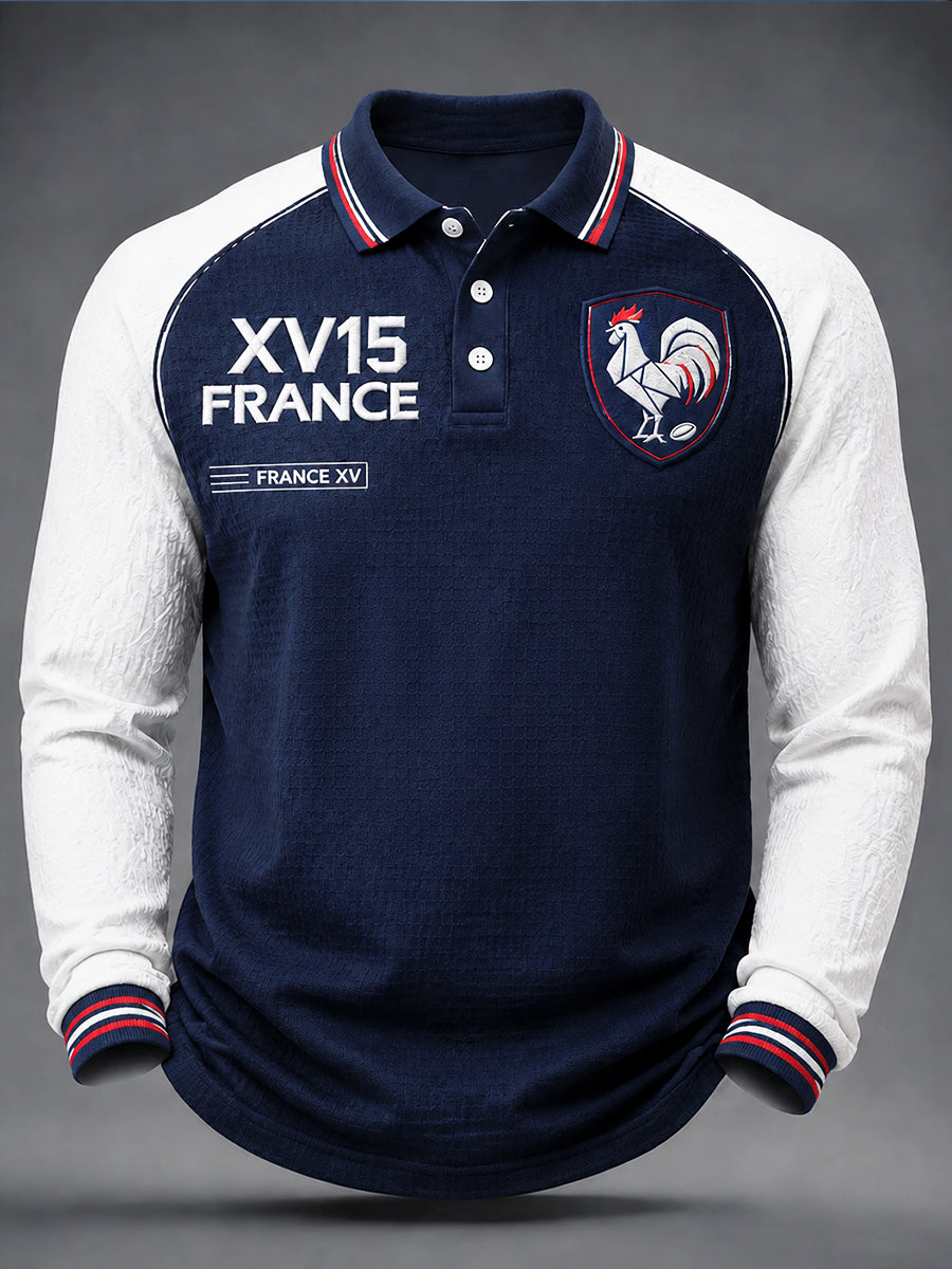 Polo décontracté à manches longues pour homme, motif patchwork automnal français au coq, style rugby