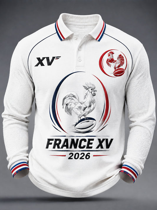 Polo blanc à manches longues pour homme, style décontracté, motif coq français, collection automne rugby