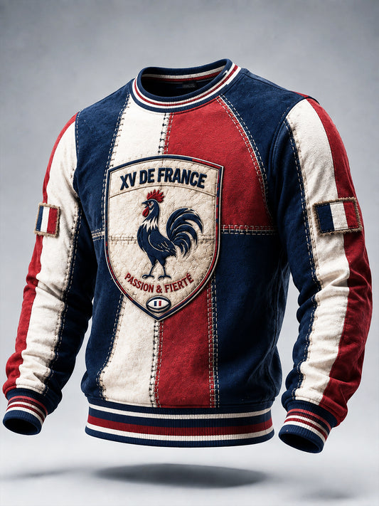 Hommes de Vintage Français Coq Automne Rugby Patchwork Imprimer Hoodie