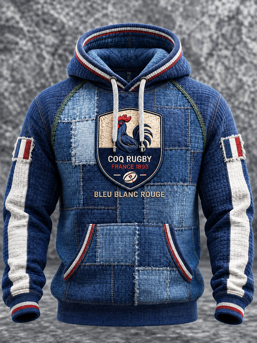 Français Coq Automne Rugby Patchwork Imprimer Sweat à capuche décontracté pour hommes