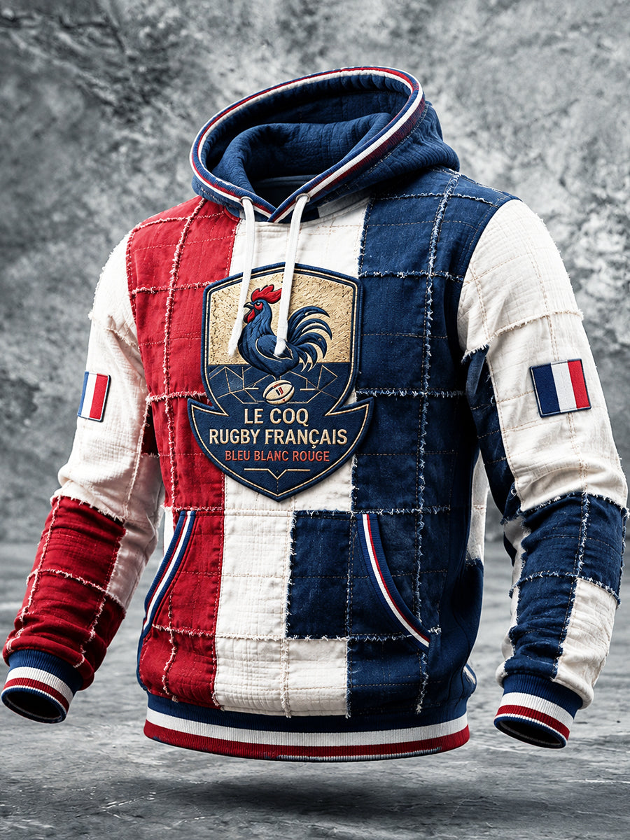 Français Coq Automne Rugby Patchwork Imprimer Sweat à capuche pour hommes