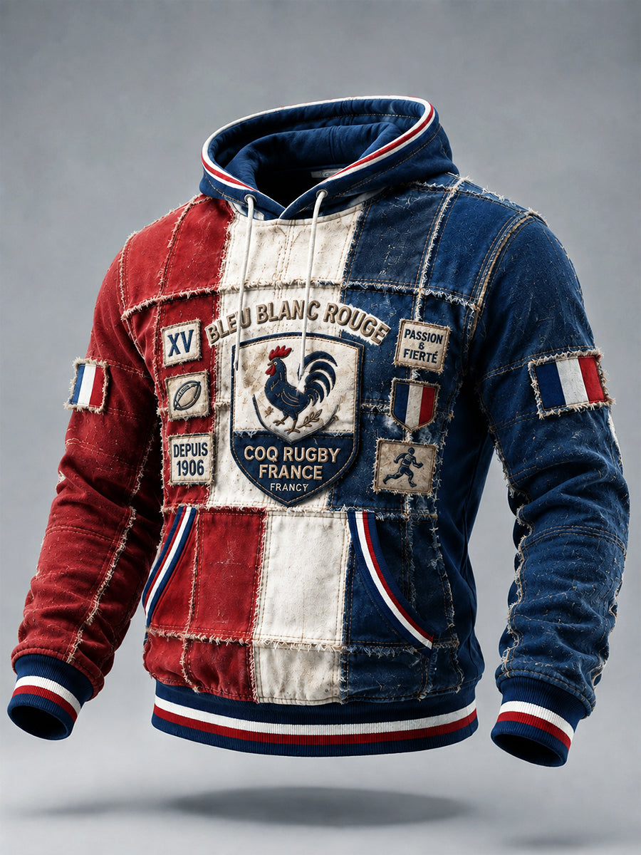 Vintage Français Coq Automne Rugby Patchwork Imprimer Casual Sweat à capuche pour hommes
