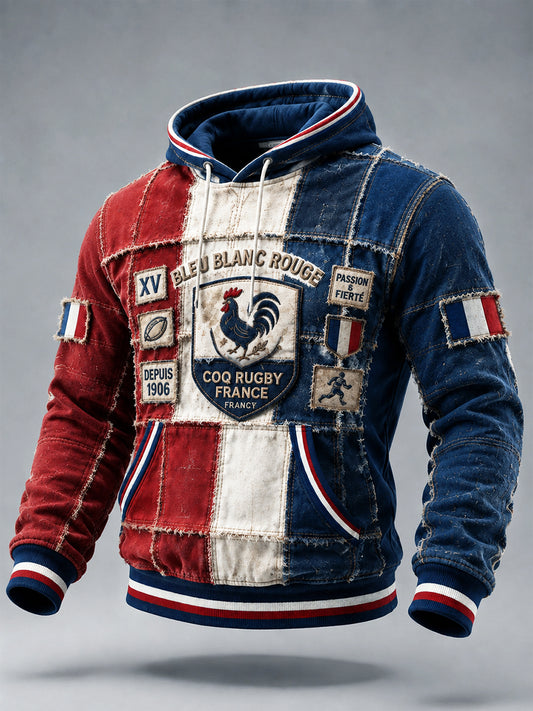 Vintage Français Coq Automne Rugby Patchwork Imprimer Casual Sweat à capuche pour hommes