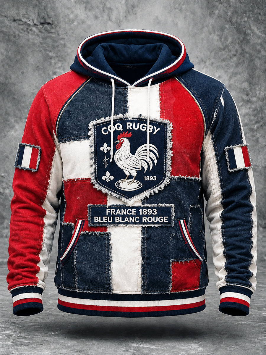 Sweat à capuche imprimé rugby français coq automne hommes