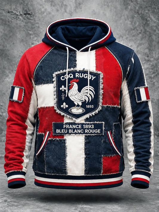 Sweat à capuche imprimé rugby français coq automne hommes