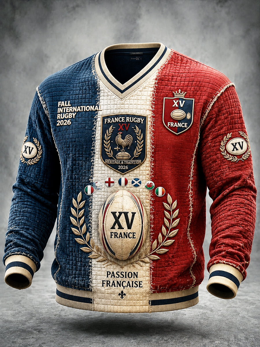 Sweat-shirt décontracté à col en V pour homme, imprimé rétro de l’automne français du Tournoi des Six Nations