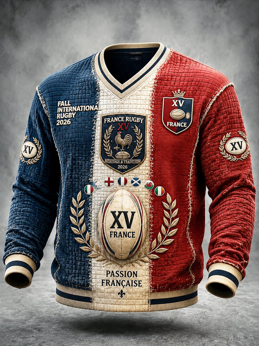 Sweat-shirt décontracté à col en V pour homme, imprimé rétro de l’automne français du Tournoi des Six Nations