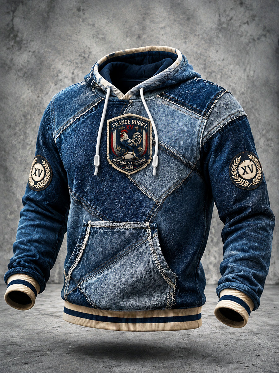 Sweat-shirt à capuche décontracté pour homme, bleu français, imprimé rugby, collection automne