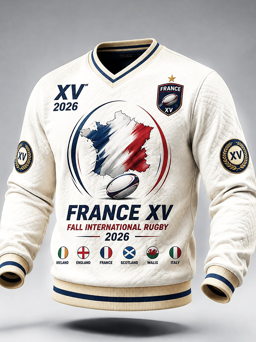 Sweat-shirt décontracté à col en V pour hommes, blanc, imprimé français, collection automne des Six Nations de rugby