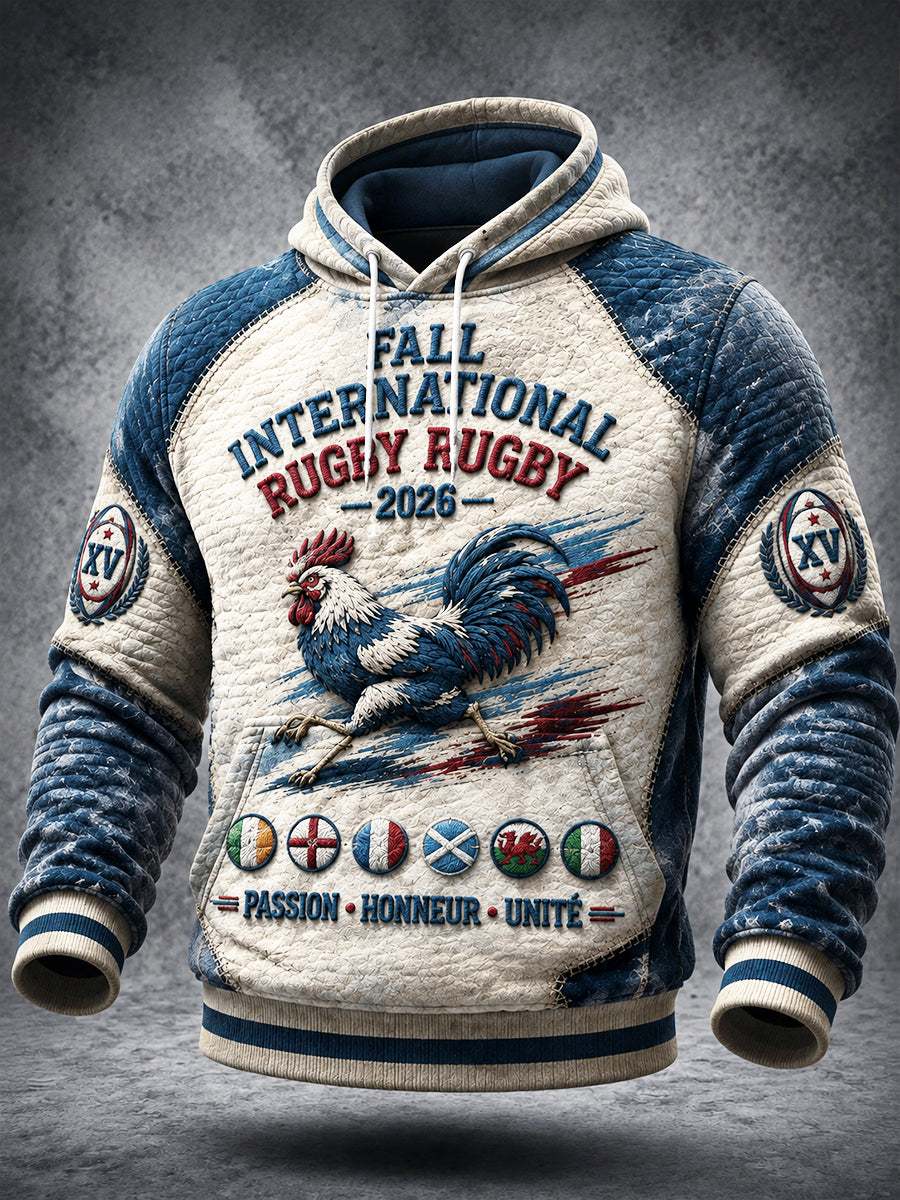 Sweat-shirt à capuche décontracté pour homme, style français, collection automne, motif patchwork rugby
