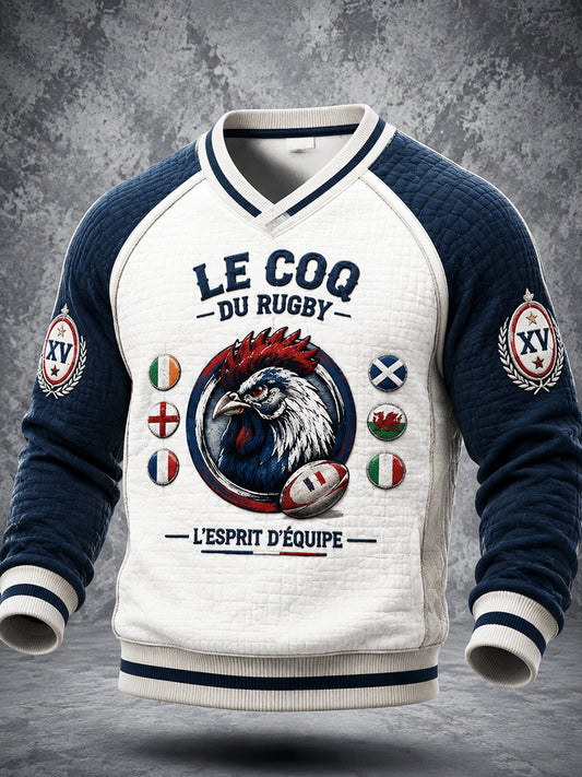 Sweat-shirt décontracté à col en V pour homme, imprimé patchwork, style français, saison automnale, Tournoi des Six Nations de rugby