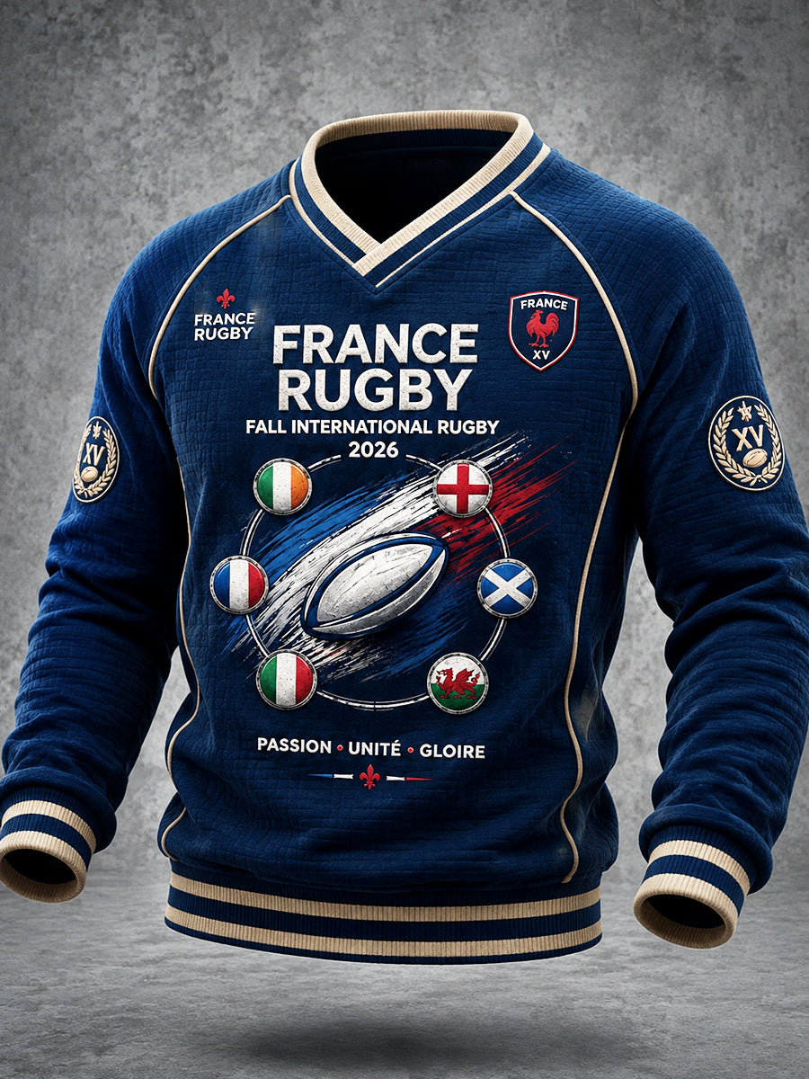 Sweat-shirt décontracté à col en V pour homme, bleu foncé, motif rugby français de l’automne des Six Nations