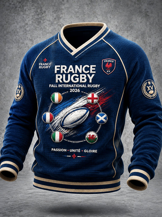 Sweat-shirt décontracté à col en V pour homme, bleu foncé, motif rugby français de l’automne des Six Nations