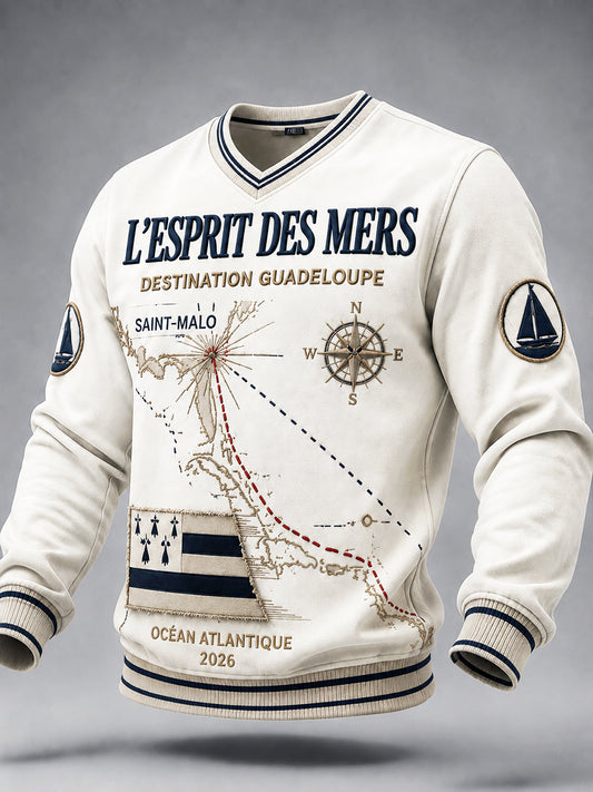 Sweat-shirt décontracté à col en V pour homme, blanc, imprimé «Route du Rhum» style breton