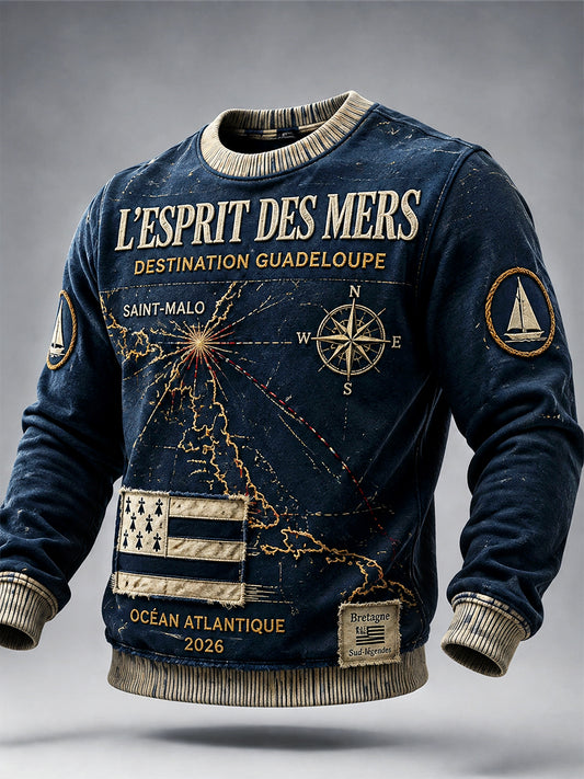 Sweat-shirt décontracté pour homme, bleu foncé, style marin breton, imprimé rétro «Route du Rhum»