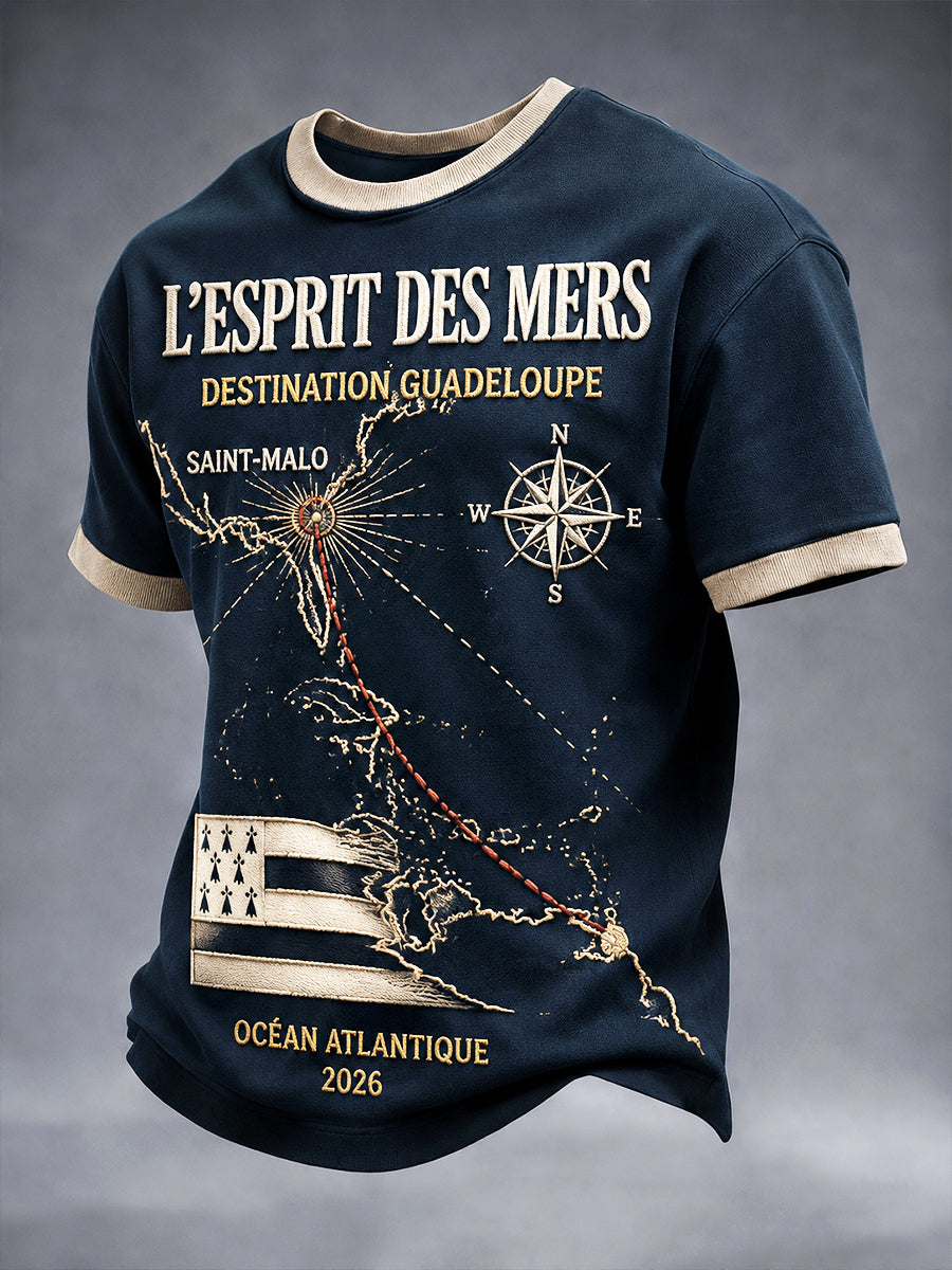 T-shirt décontracté pour homme, bleu foncé, imprimé «Route du Rhum» de Bretagne, style français