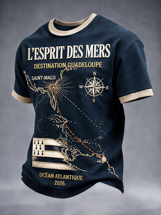 T-shirt décontracté pour homme, bleu foncé, imprimé «Route du Rhum» de Bretagne, style français