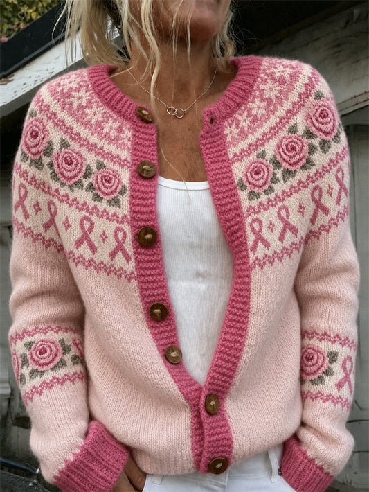 Fleur rose des femmes et motif rose de la charité de ruban imprimé veste en tricot de style cardigan décontracté