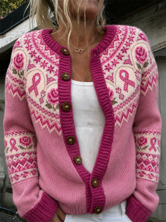 Gilet tricoté décontracté style cardigan pour femme, à motif floral rose et ruban de la solidarité rose imprimés