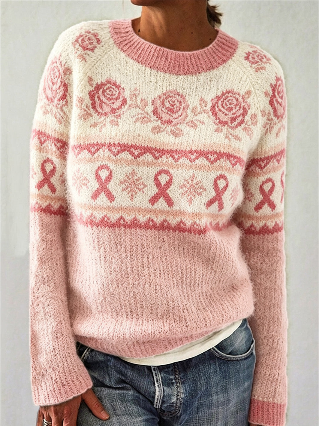 Pull décontracté à manches longues pour femme, imprimé d’un motif floral rose et d’un ruban de la solidarité rose