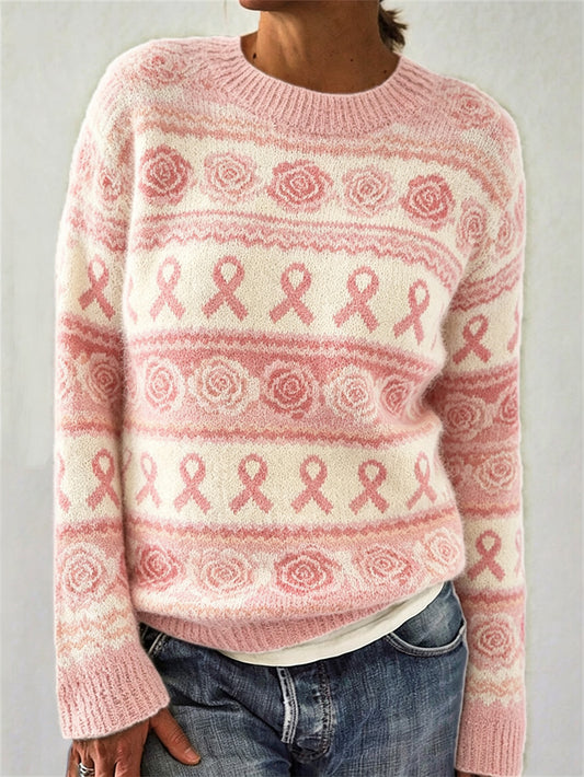 Pull décontracté à manches longues pour femme, imprimé d’un motif floral rose et d’un ruban de la solidarité rose