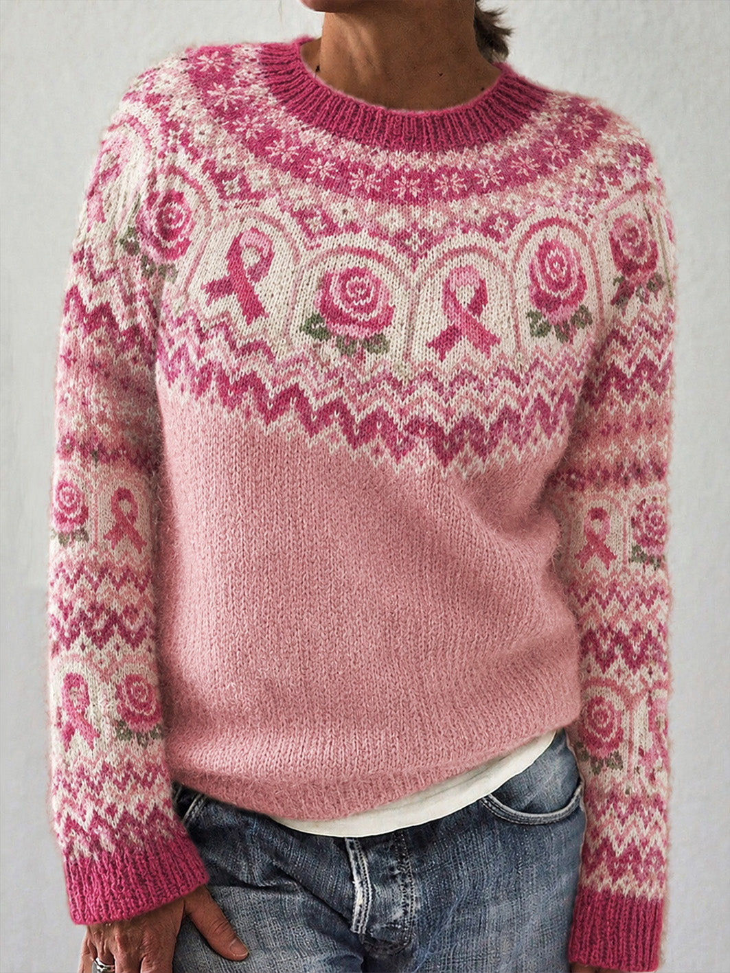 Fleur rose des femmes et rose motif de ruban de charité imprimé décontracté pull à manches longues