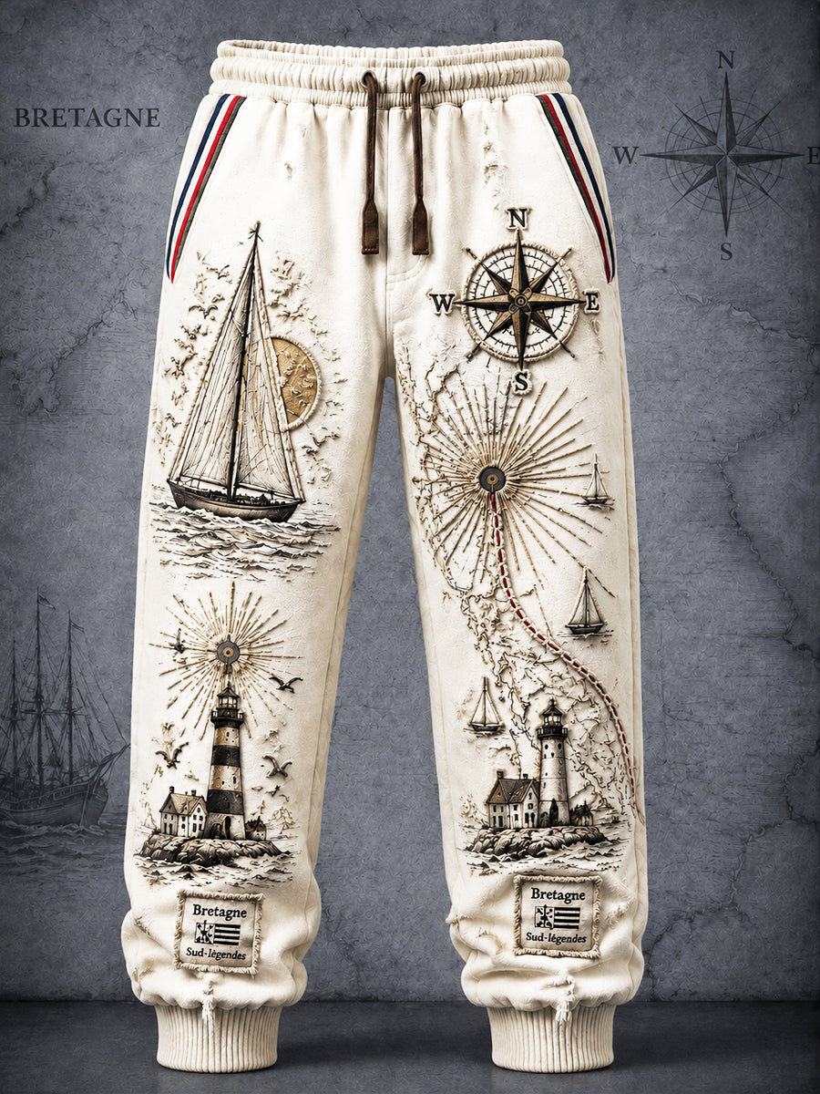 Pantalon de sport décontracté à imprimé de régate de Rhum français blanc vintage pour homme