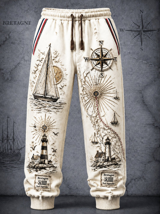Pantalon de sport décontracté à imprimé de régate de Rhum français blanc vintage pour homme