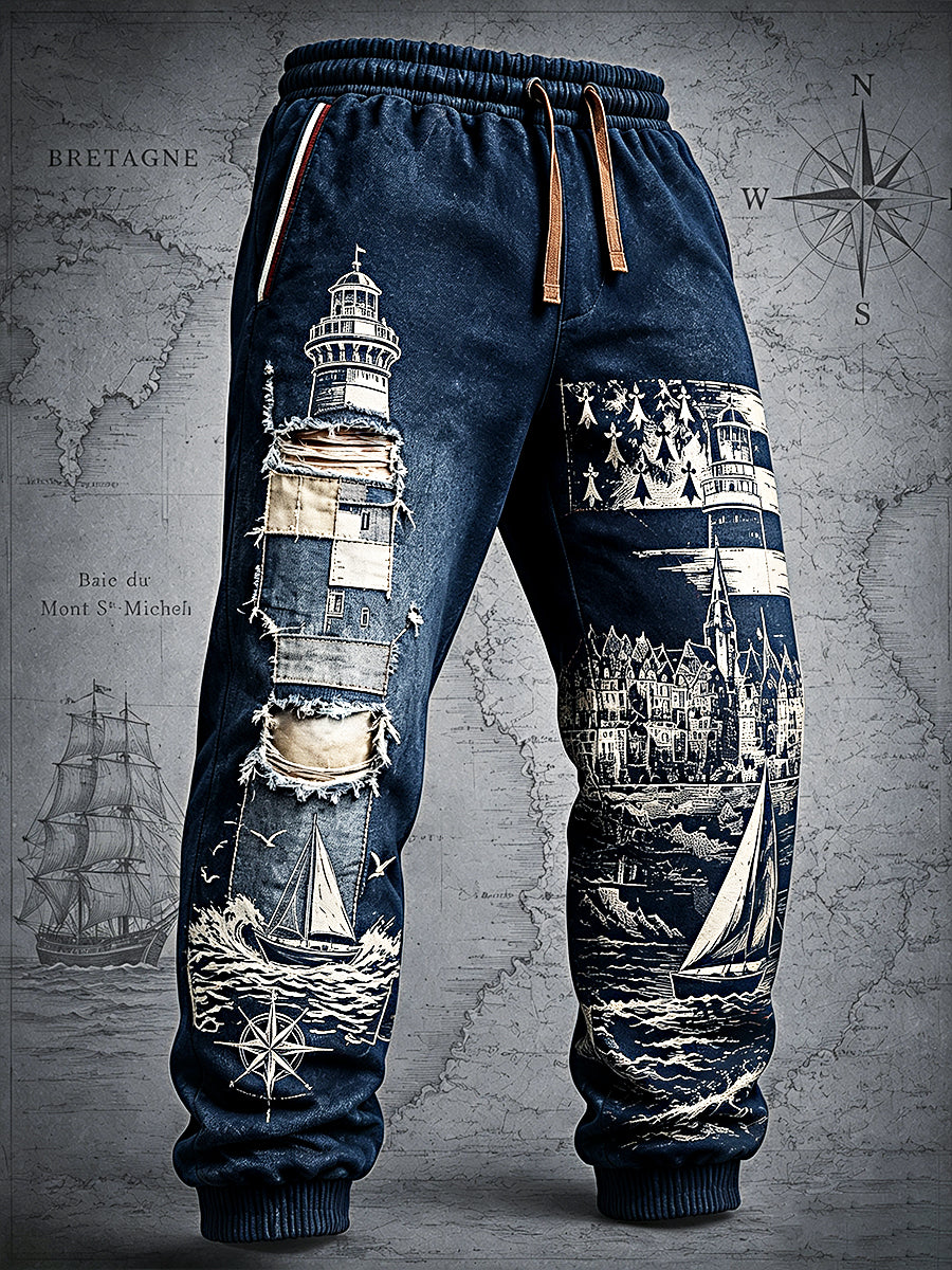 Pantalon de sport décontracté à imprimé de régate de Rhum français vintage pour hommes