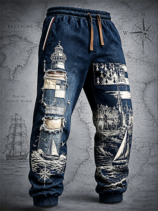 Pantalon de sport décontracté à imprimé de régate de Rhum français vintage pour hommes