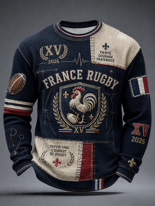 T-shirt manches longues en coton waffle pour homme, style rugby français