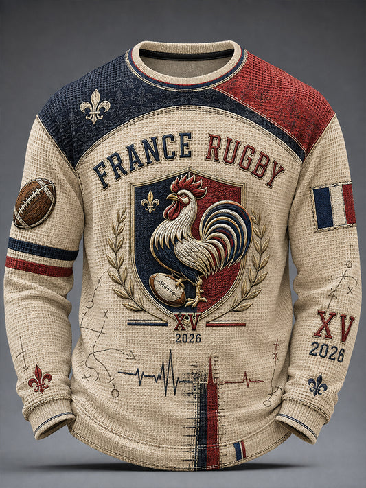 T-shirt manches longues en coton waffle pour homme, style rugby français