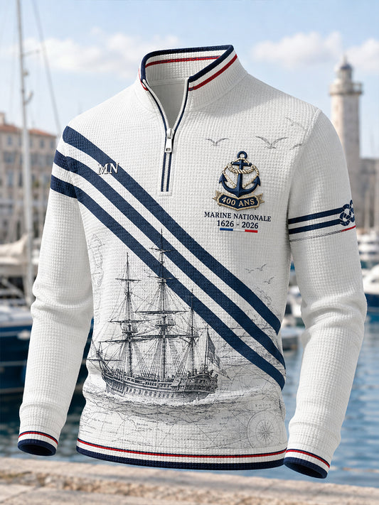 T-shirt manches longues en côte piquée pour homme, bleu marine français