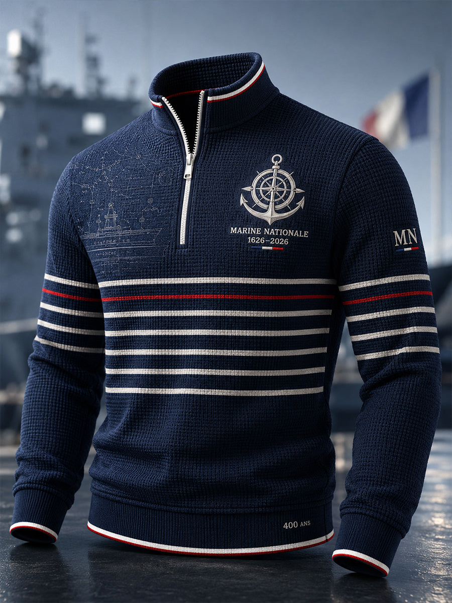 T-shirt manches longues en côte piquée pour homme, bleu marine français