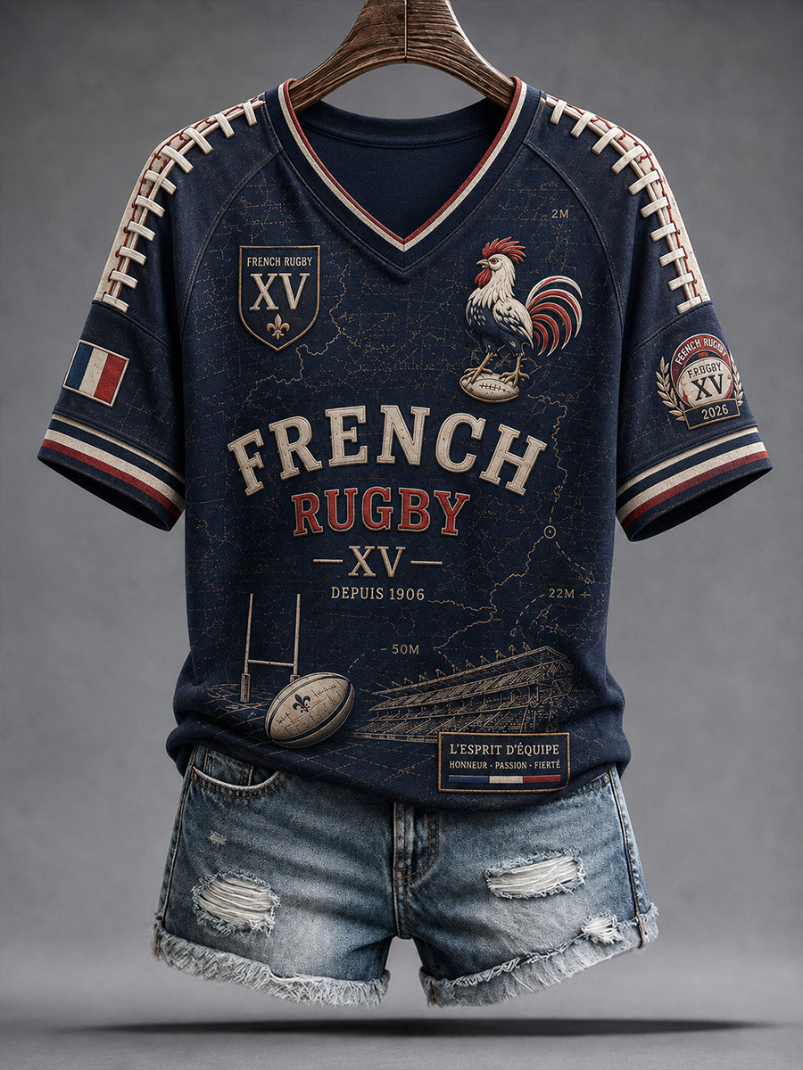T-shirt français de rugby à manches courtes et col en V pour femme