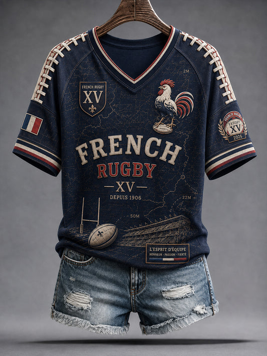 T-shirt français de rugby à manches courtes et col en V pour femme