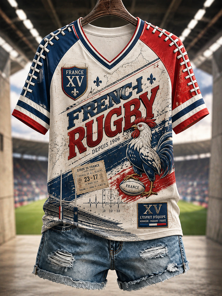T-shirt à manches courtes French Rugby col V Femme