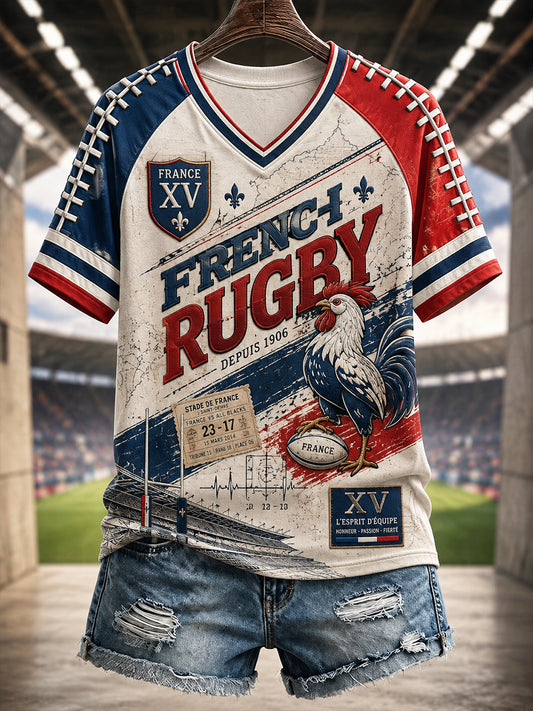 T-shirt à manches courtes French Rugby col V Femme