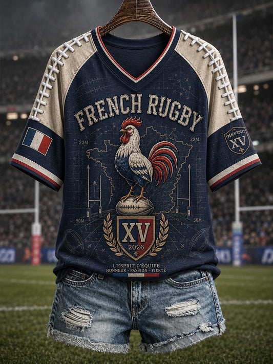 T-shirt français de rugby à manches courtes et col en V pour femme