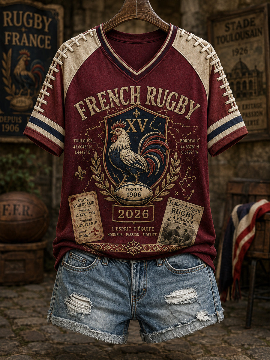 T-shirt français de rugby à manches courtes et col en V pour femme