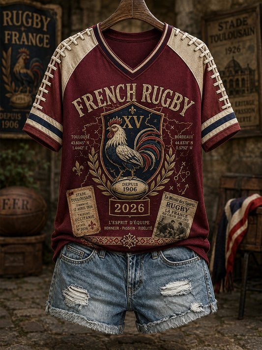 T-shirt français de rugby à manches courtes et col en V pour femme
