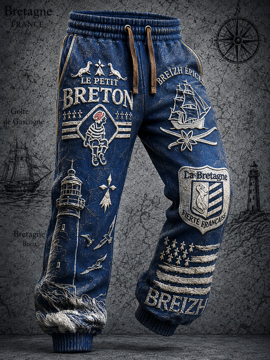 Pantalons décontractés pour homme, bleu marine, à imprimé marin de style marinière