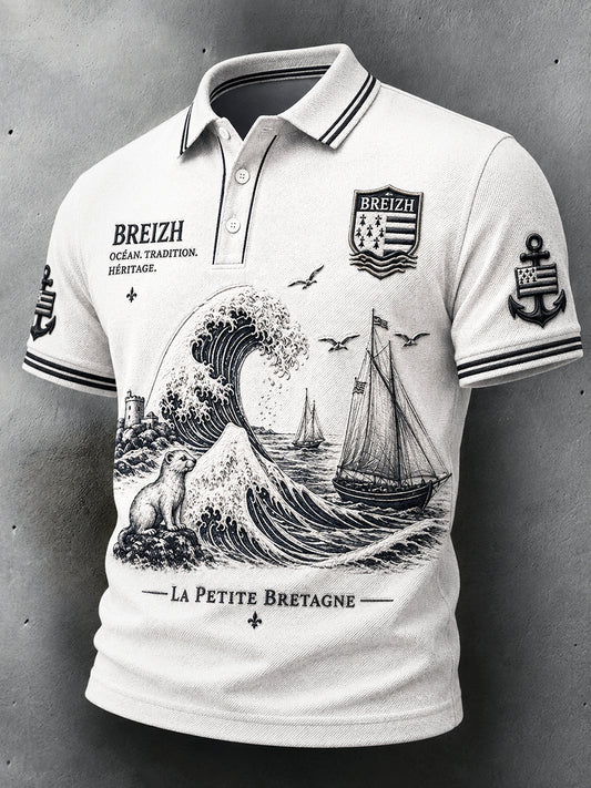 Polo homme blanc à imprimé marin breton français, décontracté et professionnel