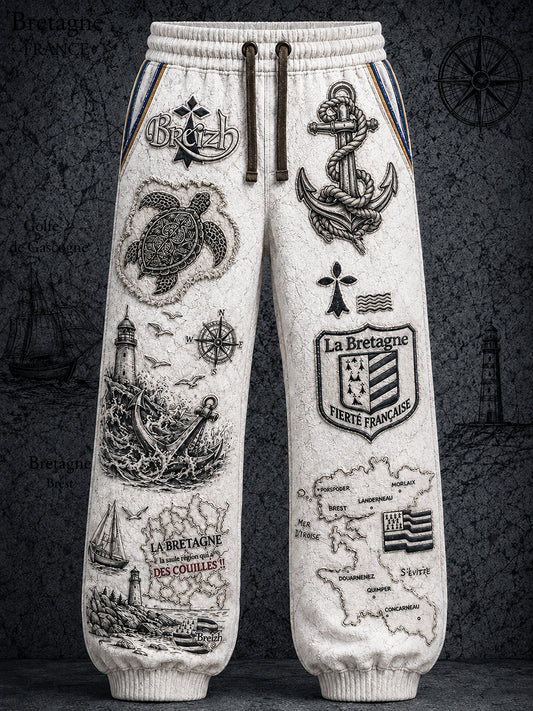 Pantalon décontracté pour homme, style marin breton, blanc à imprimé nautique, vintage