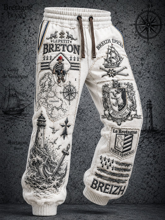 Pantalon décontracté pour homme, style marin breton français, blanc vintage, motif patchwork