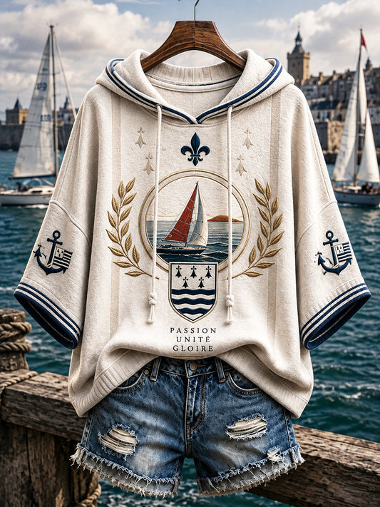 Sweat-shirt doux à capuche pour femme, imprimé de la Route du Rhum française, couleur blanc cassé